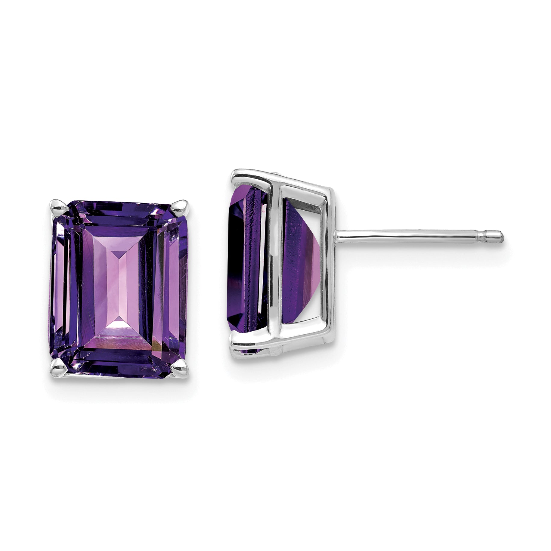 14k White Gold 10x8 Emerald Cut Amethyst Stud Earrings