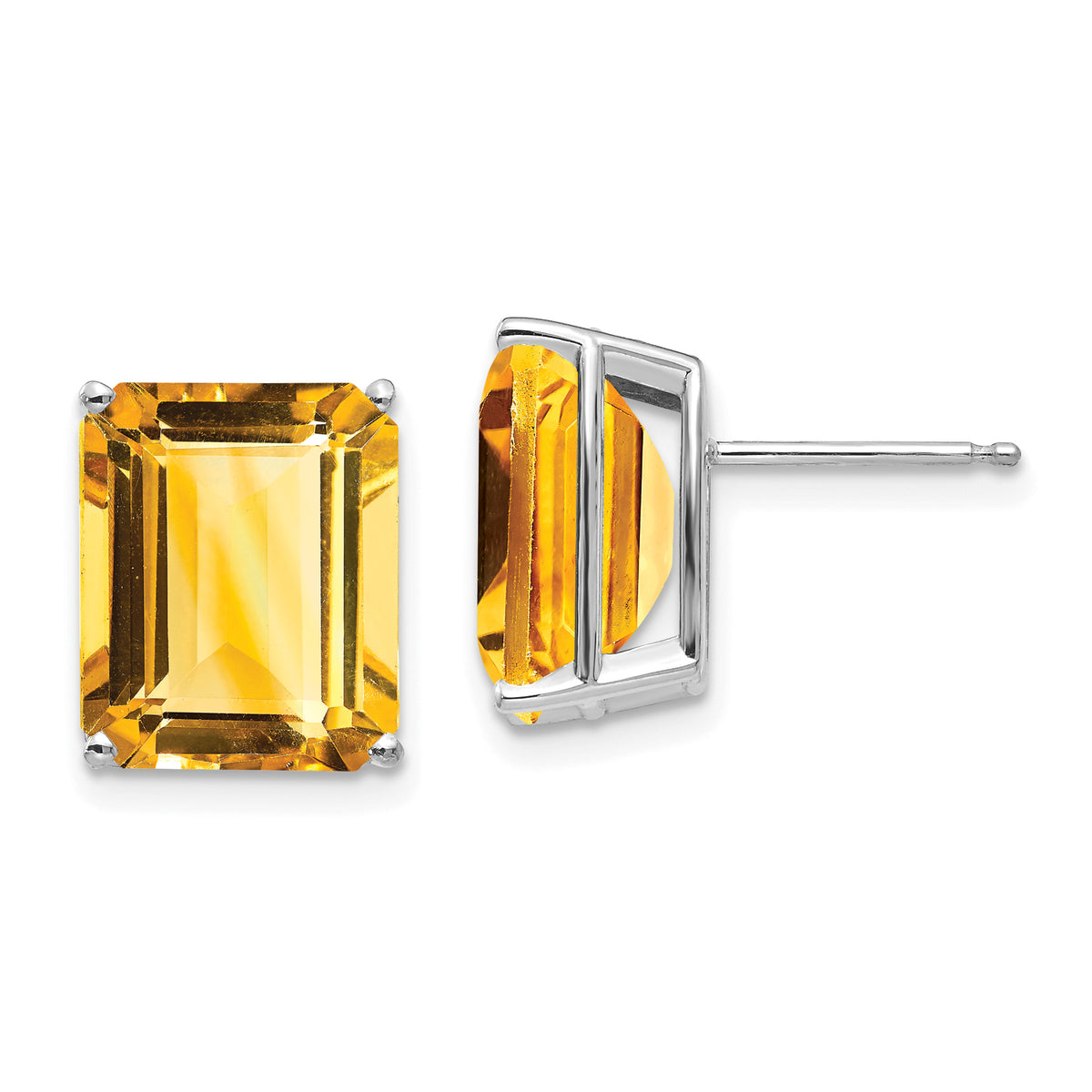 14k White Gold Emerald Cut Citrine Stud Earrings