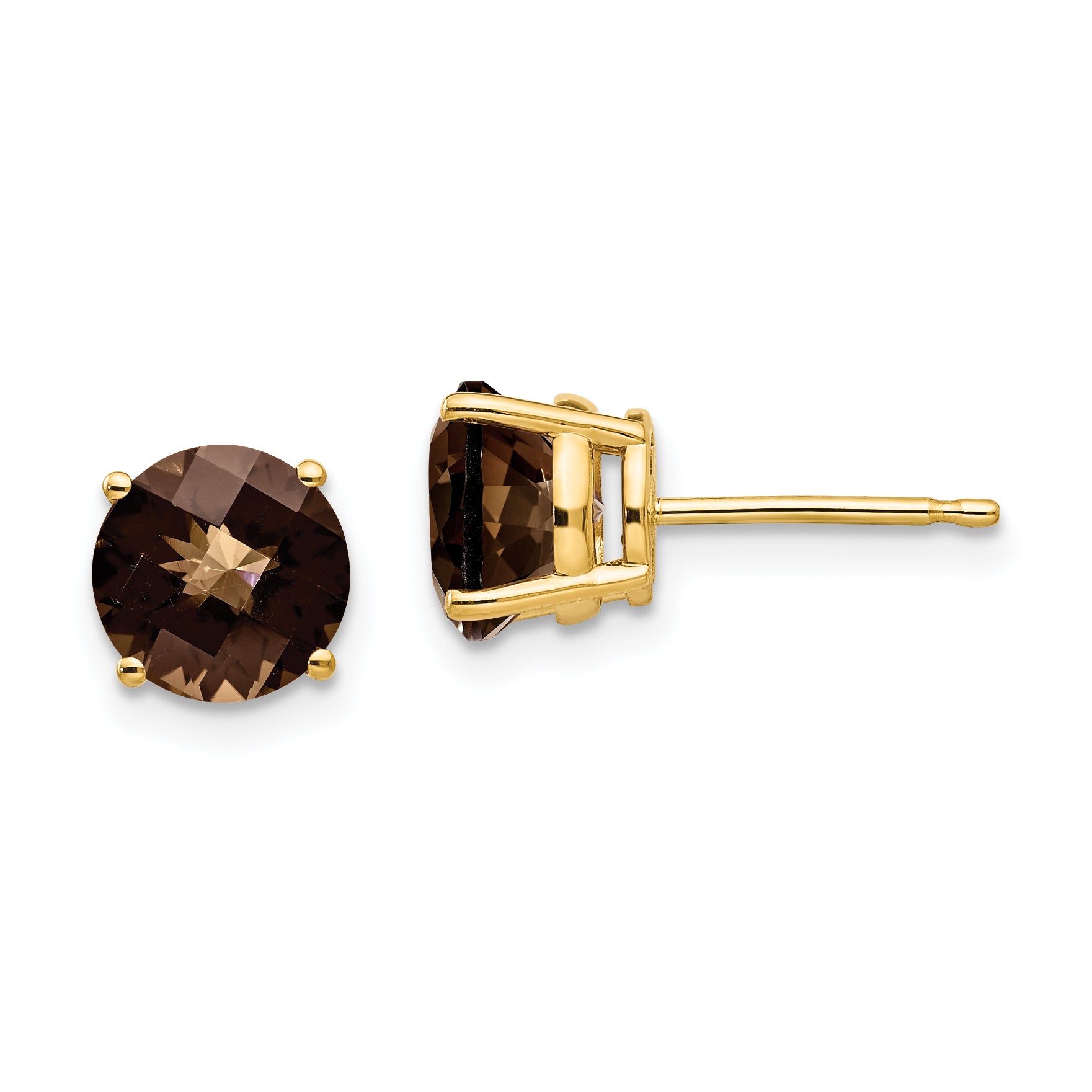 14k 7mm Round Checker-Cut Smoky Quartz Earrings