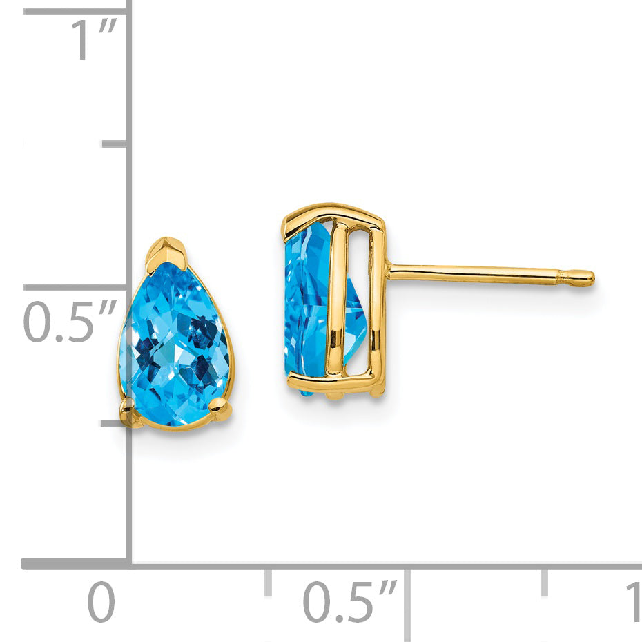 14k 8x5mm Pear Blue Topaz Checker Earrings