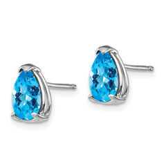 14k White Gold 8x5mm Pear Blue Topaz Checker Earrings