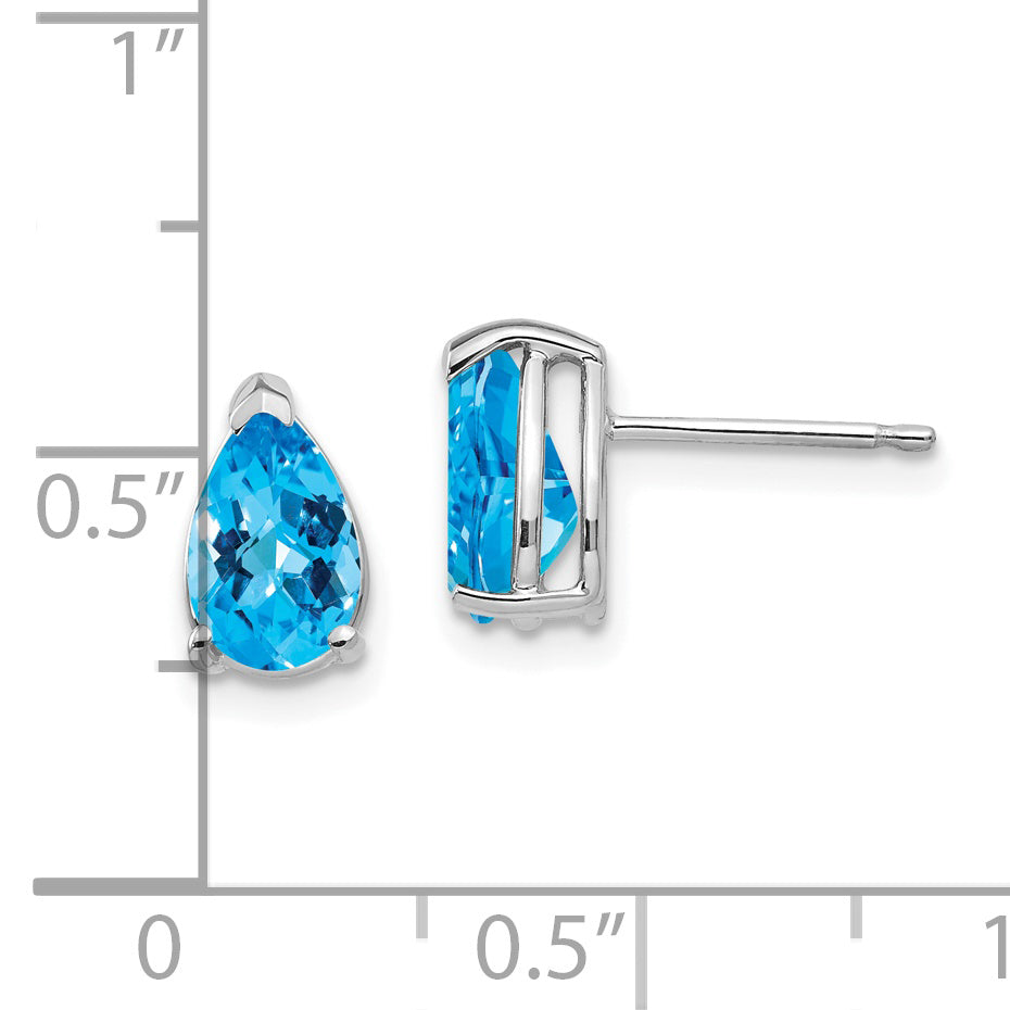 14k White Gold 8x5mm Pear Blue Topaz Checker Earrings