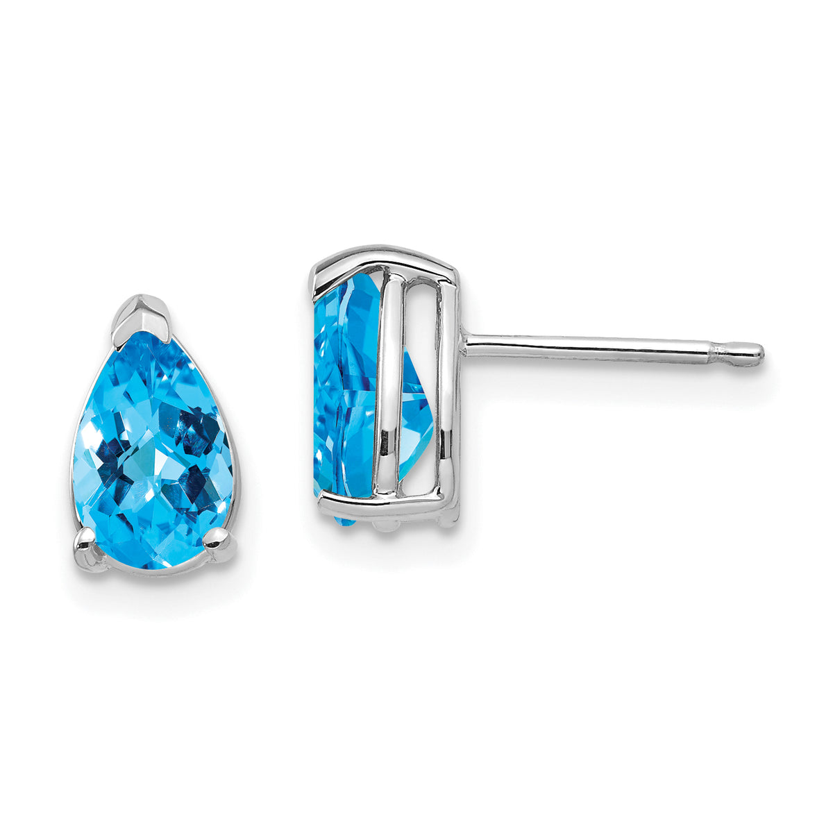 14k White Gold 8x5mm Pear Blue Topaz Checker Earrings