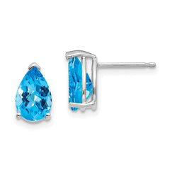 14k White Gold 9x6mm Pear Blue Topaz Checker Earrings