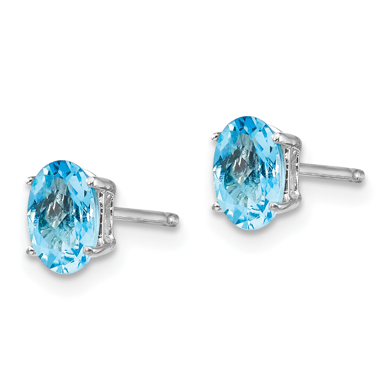 14k White Gold 6x4mm Oval Blue Topaz Checker Earrings