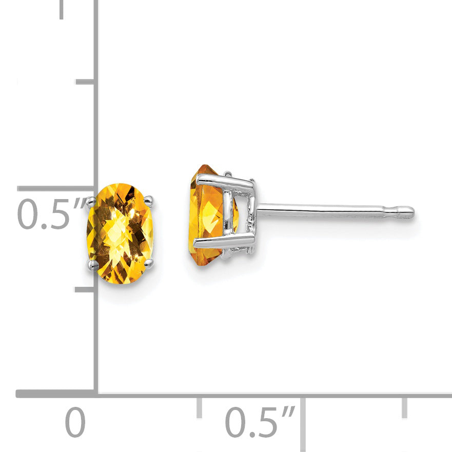 14k White Gold 6x4mm Oval Citrine Checker Earrings