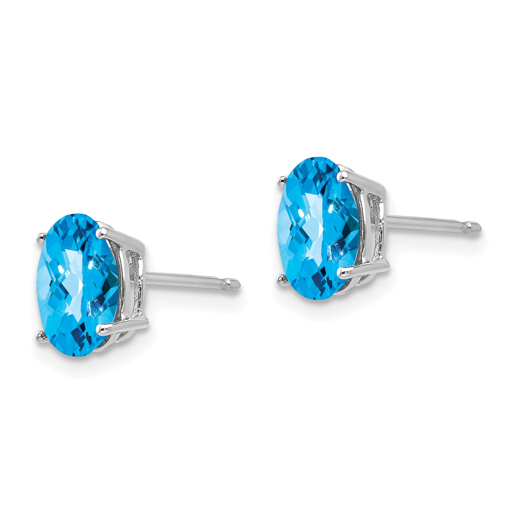 14k White Gold 8x6mm Oval Blue Topaz Checker Earrings