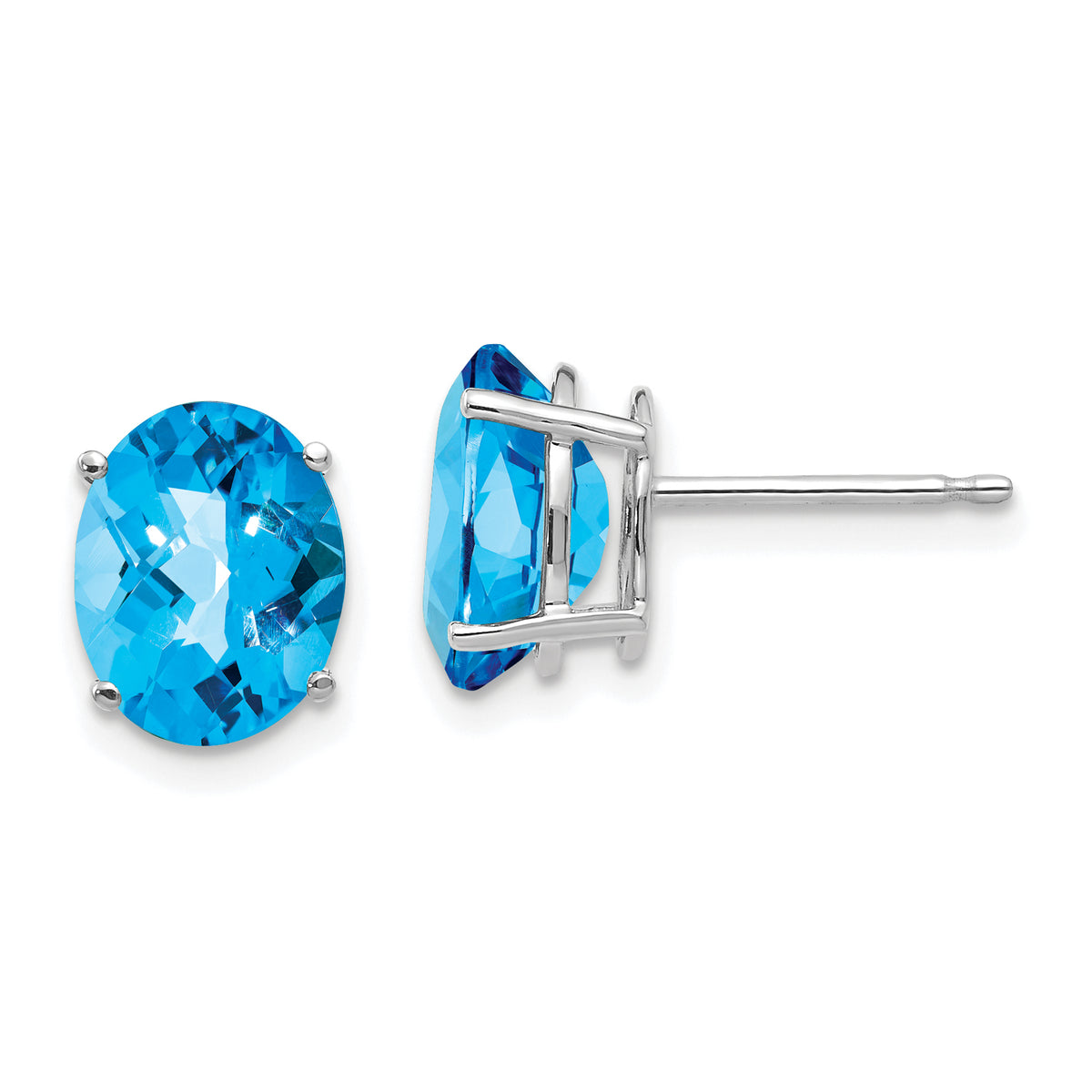 14k White Gold 9x7mm Oval Blue Topaz Checker Earrings