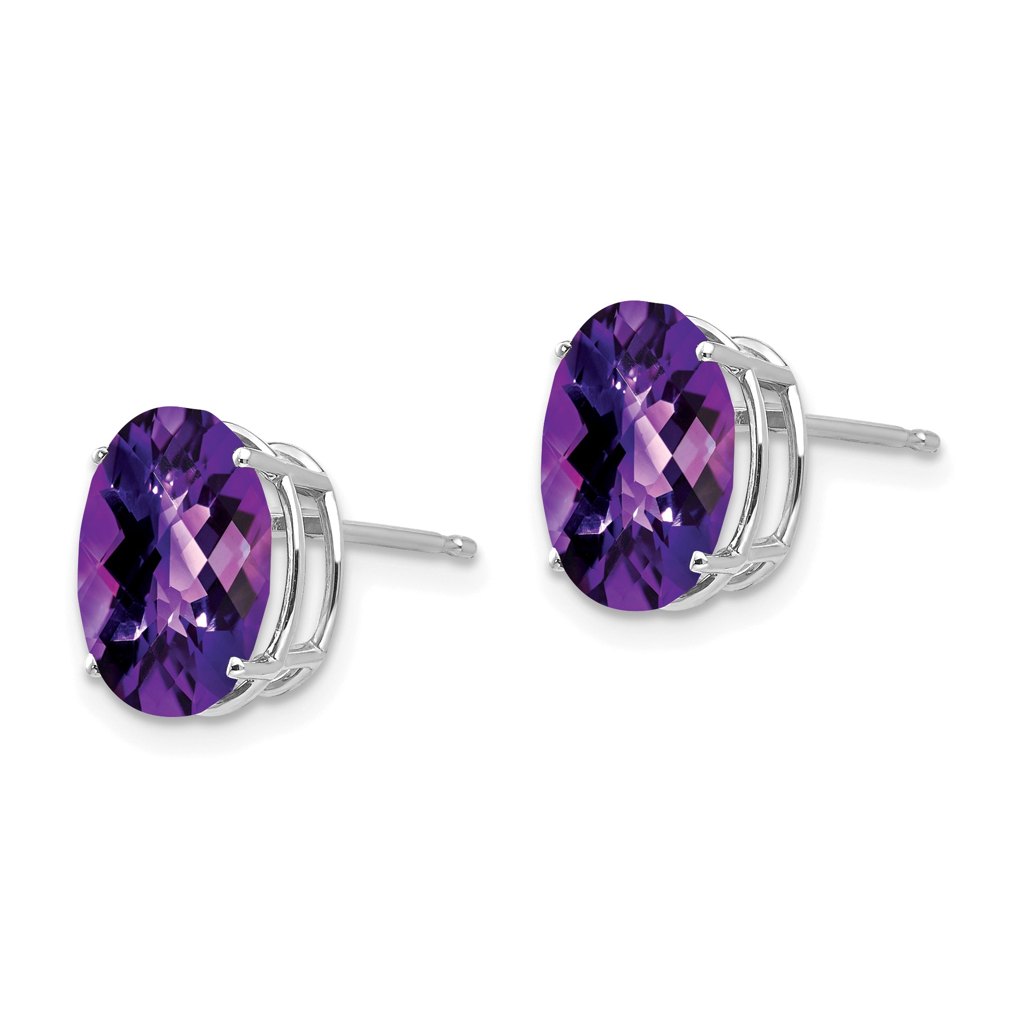 14k White Gold 10x8mm Oval Amethyst Checker Earrings