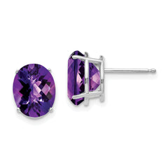 14k White Gold 10x8mm Oval Amethyst Checker Earrings