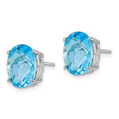 14k White Gold 10x8mm Oval Blue Topaz Checker Earrings