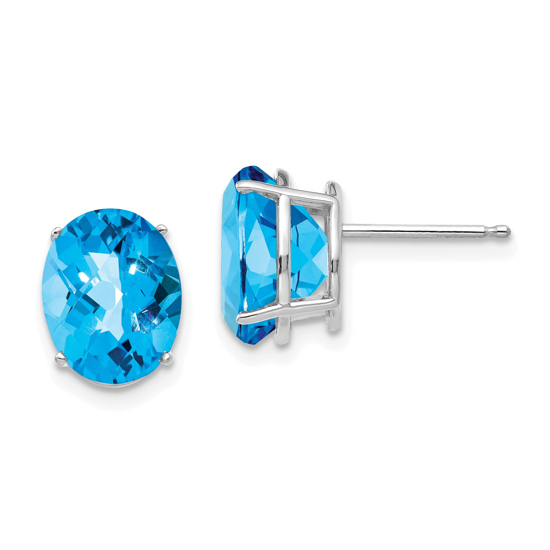 14k White Gold 10x8mm Oval Blue Topaz Checker Earrings