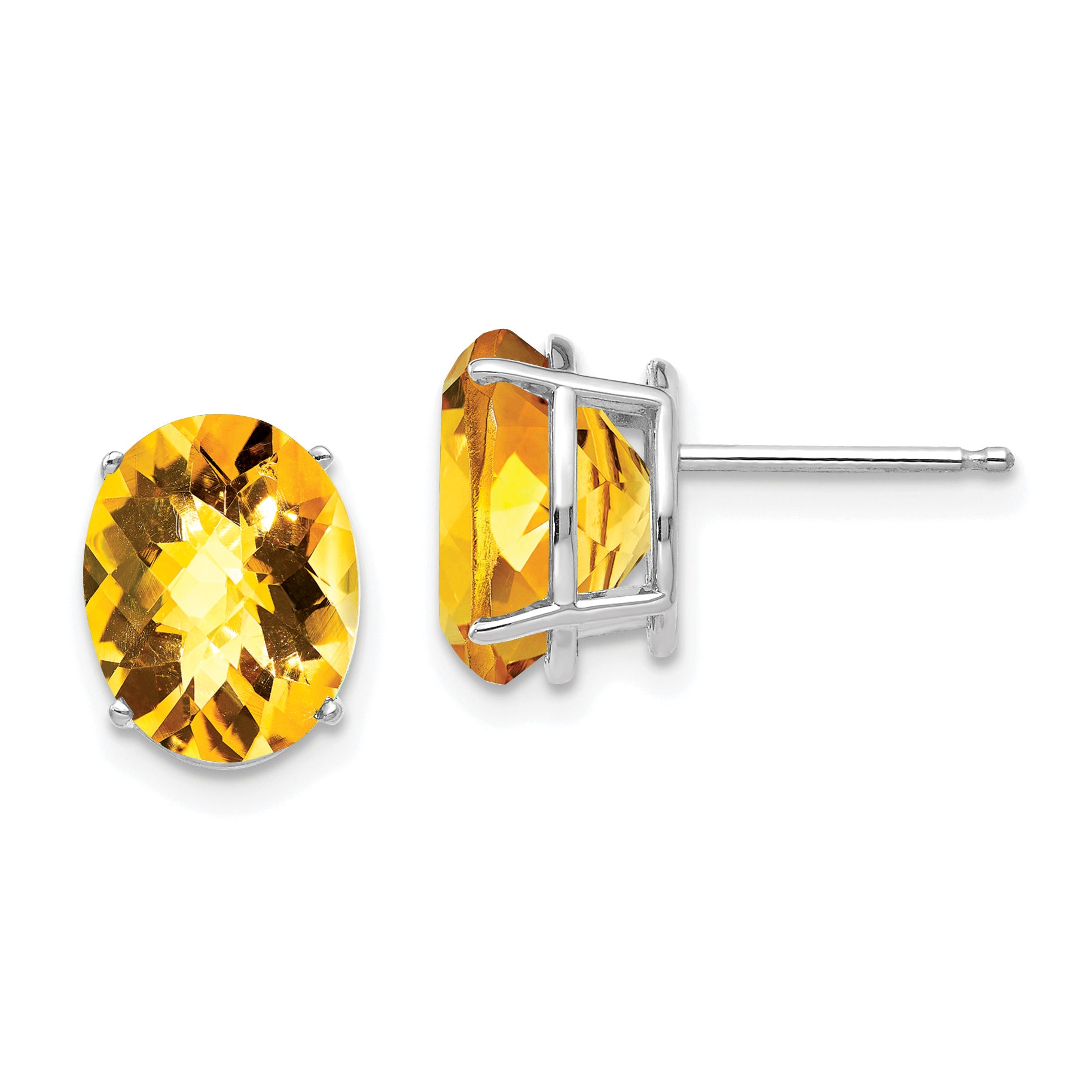 14k White Gold 10x8mm Oval Citrine Checker Earrings