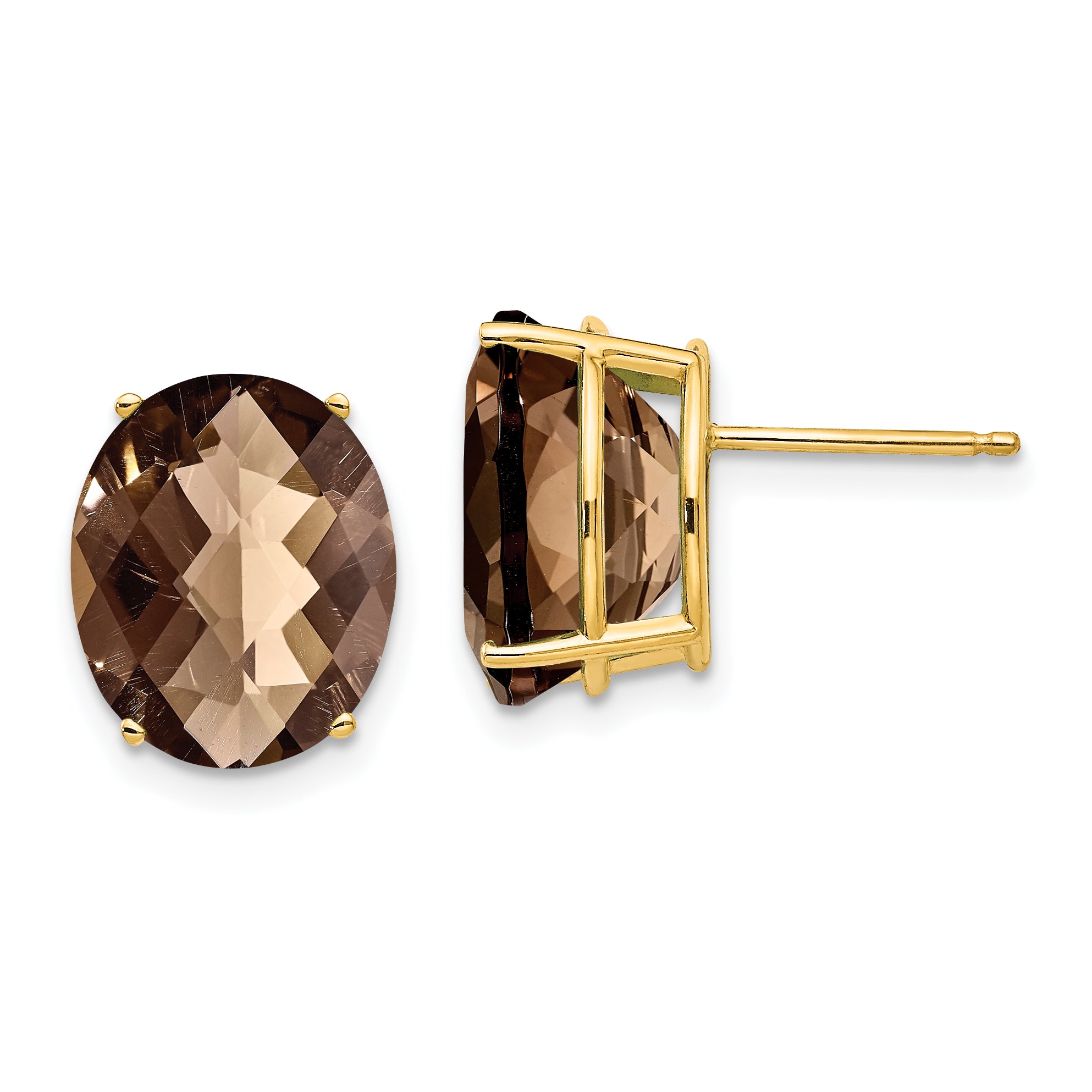 14k 12x10 Oval Checker-Cut Smoky Quartz Earrings