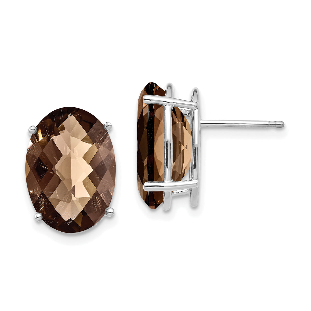 14kw Oval 4-Prong 14 x 10mm Checker-Cut Smoky Quartz Earrings