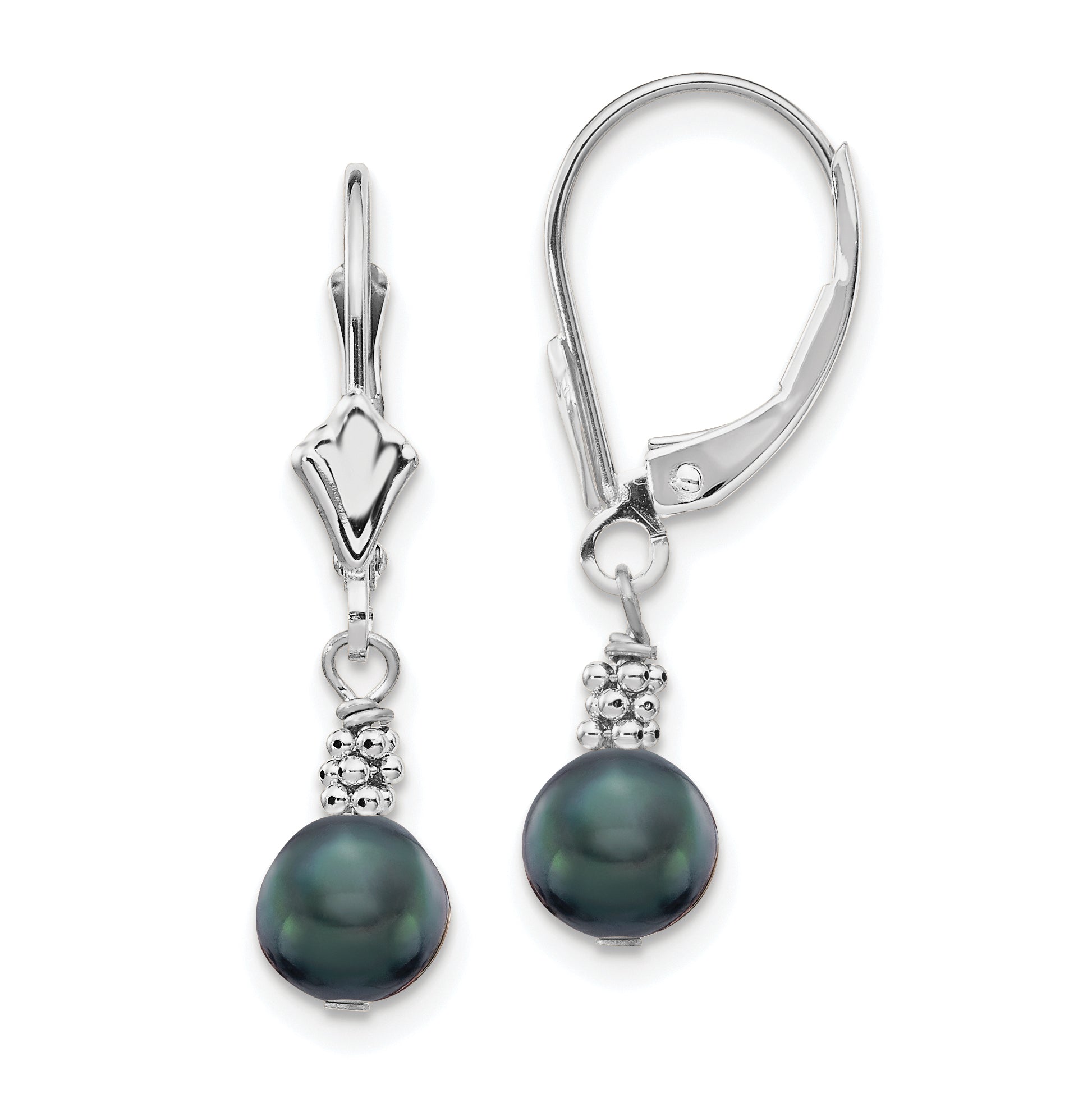 14K White Gold 5-6mm Black Semi-round FWC Pearl Leverback Earrings