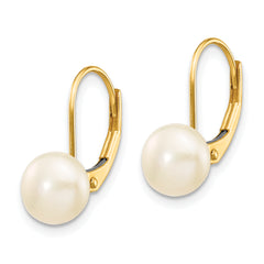 14K 7-8mm White Button Freshwater Cultured Pearl Leverback Earrings