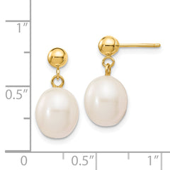 14k 8-9mm White Rice Freshwater Cultured Pearl Dangle Post Earrings