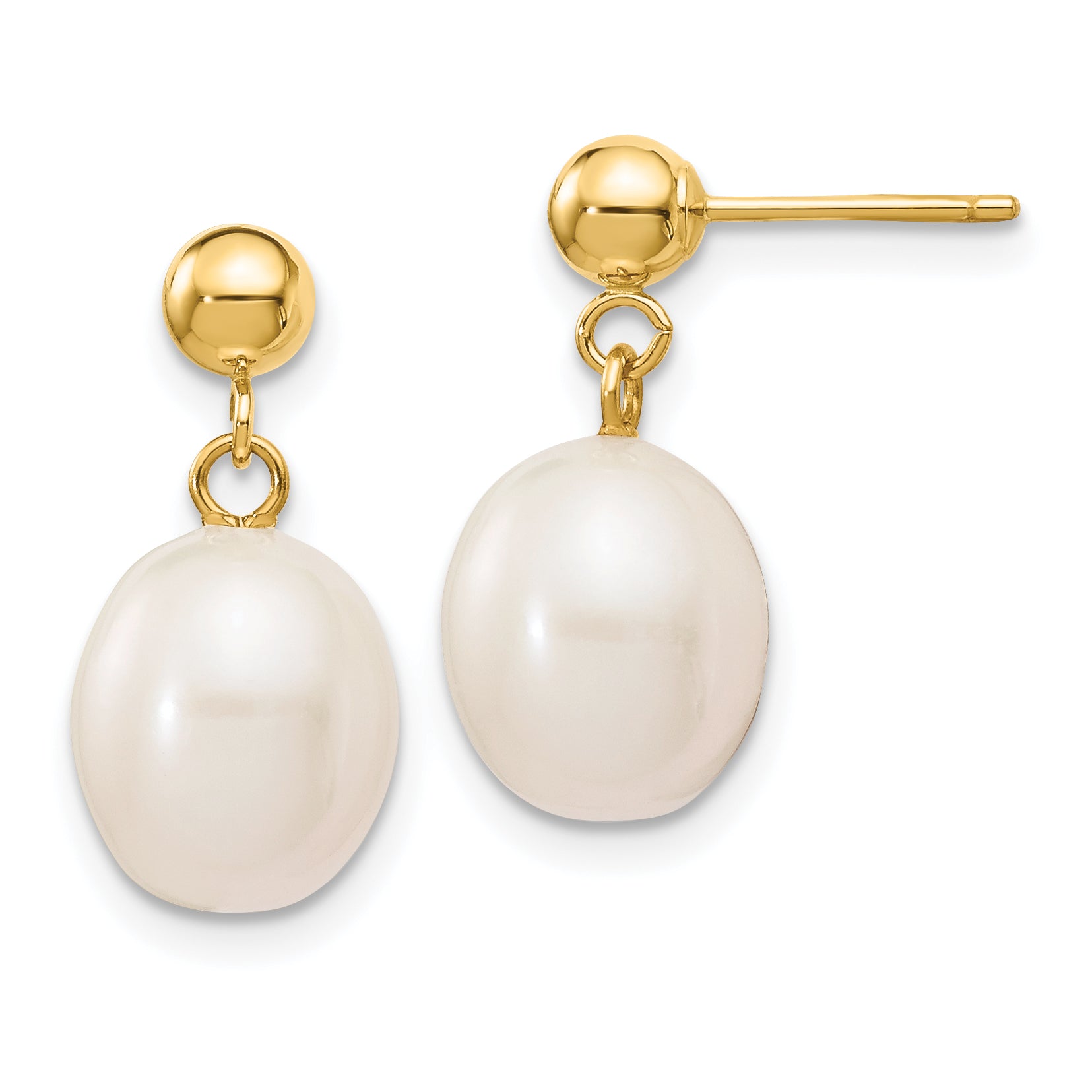 14k 8-9mm White Rice Freshwater Cultured Pearl Dangle Post Earrings