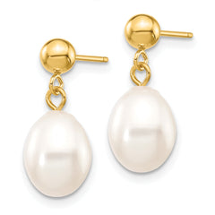 14k 7-8mm White Rice Freshwater Cultured Pearl Dangle Post Earrings