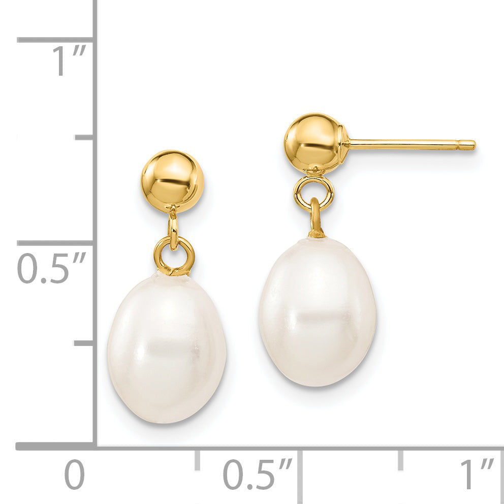 14k 7-8mm White Rice Freshwater Cultured Pearl Dangle Post Earrings