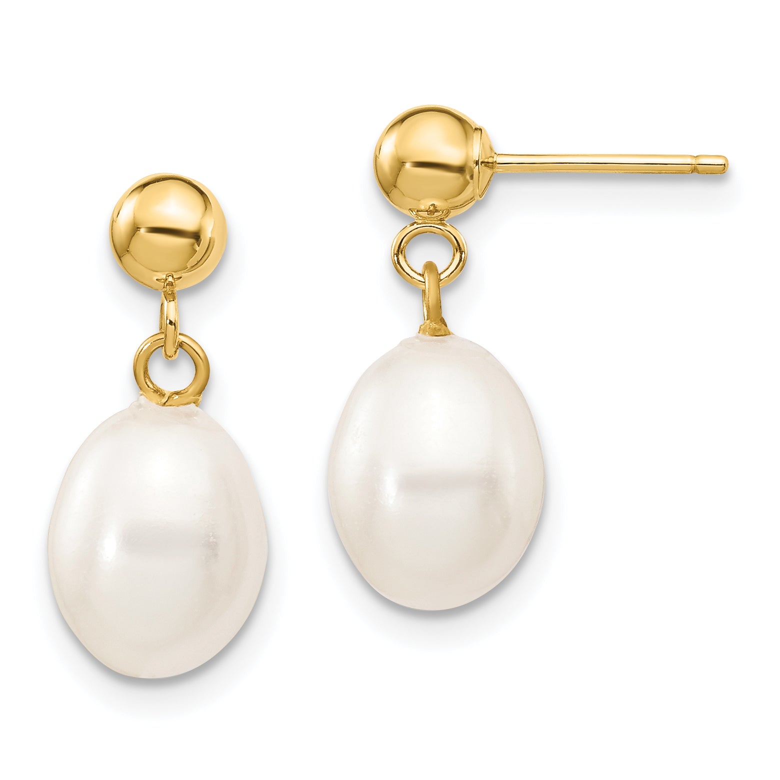 14k 7-8mm White Rice Freshwater Cultured Pearl Dangle Post Earrings