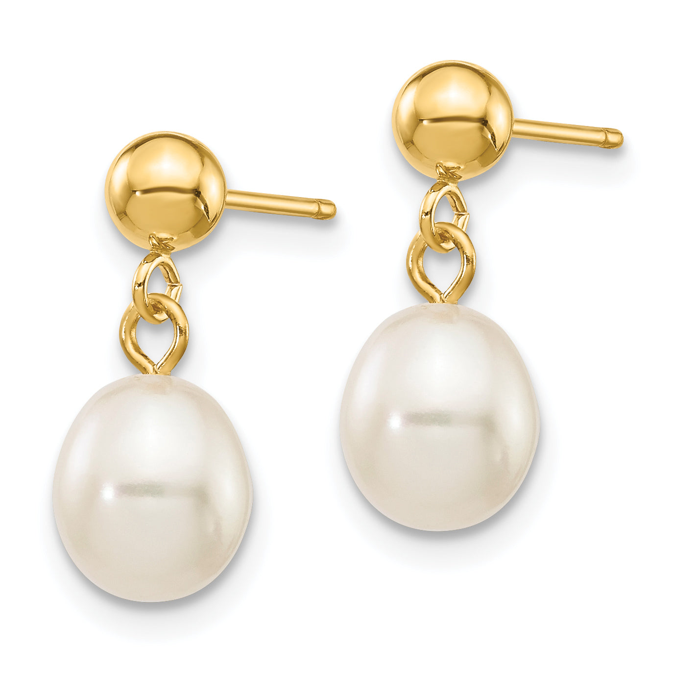 14k 6-7mm White Rice Freshwater Cultured Pearl Dangle Post Earrings