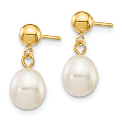 14k 6-7mm White Rice Freshwater Cultured Pearl Dangle Post Earrings