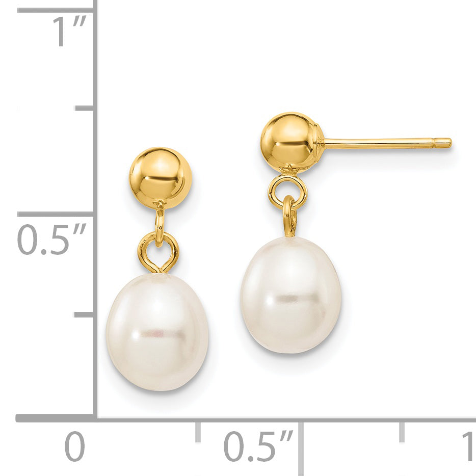 14k 6-7mm White Rice Freshwater Cultured Pearl Dangle Post Earrings