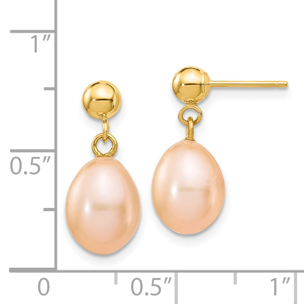 14k 7-8mm Pink Rice Freshwater Cultured Pearl Dangle Post Earrings