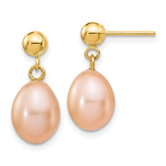 14k 7-8mm Pink Rice Freshwater Cultured Pearl Dangle Post Earrings