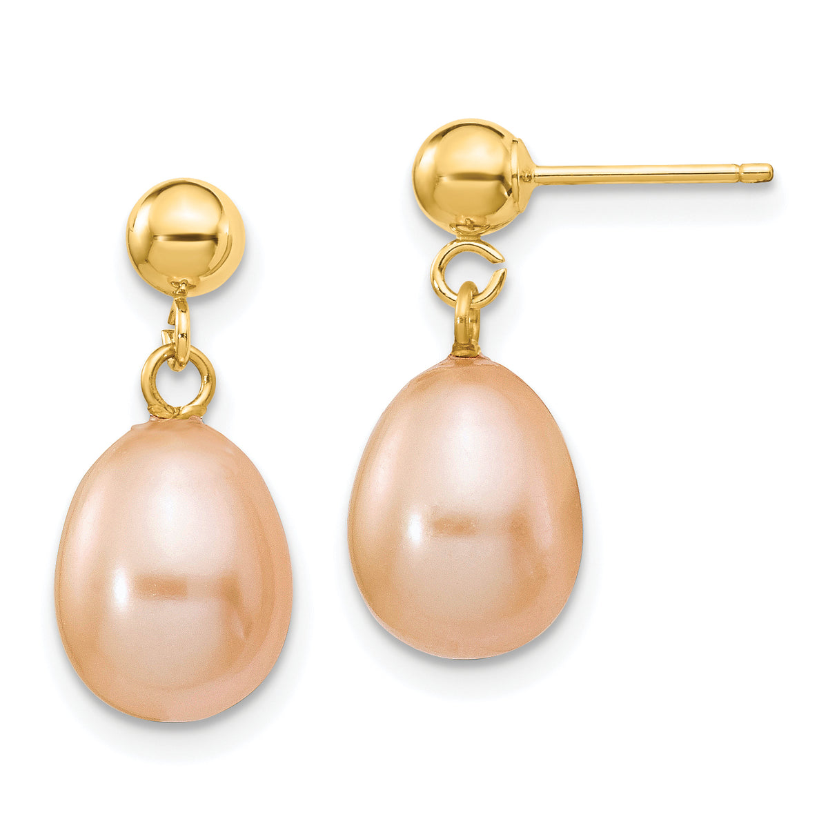 14k 8-9mm Pink Rice Freshwater Cultured Pearl Dangle Post Earrings