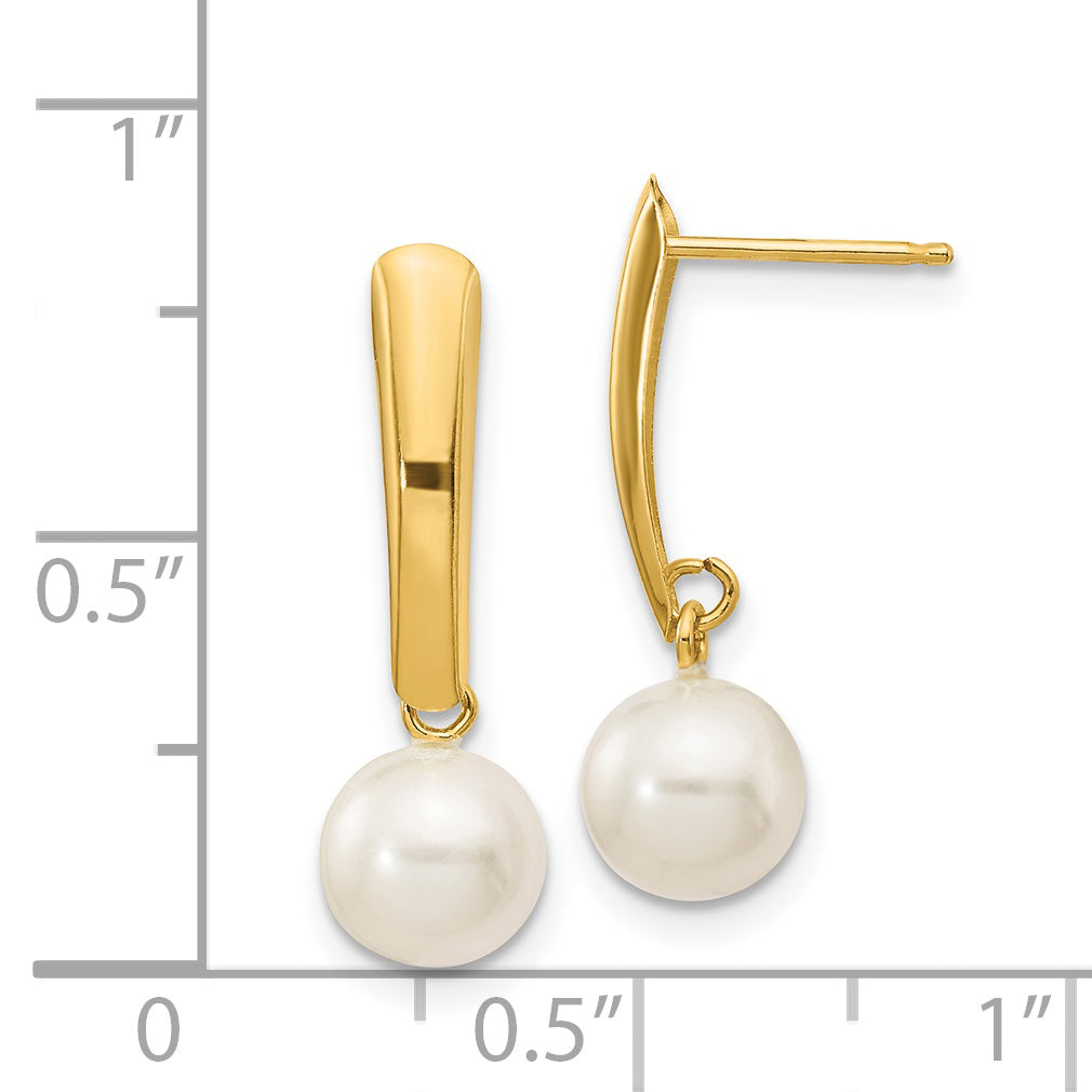 14K 6-7mm White Round Freshwater Cultured Pearl Dangle Post Earrings