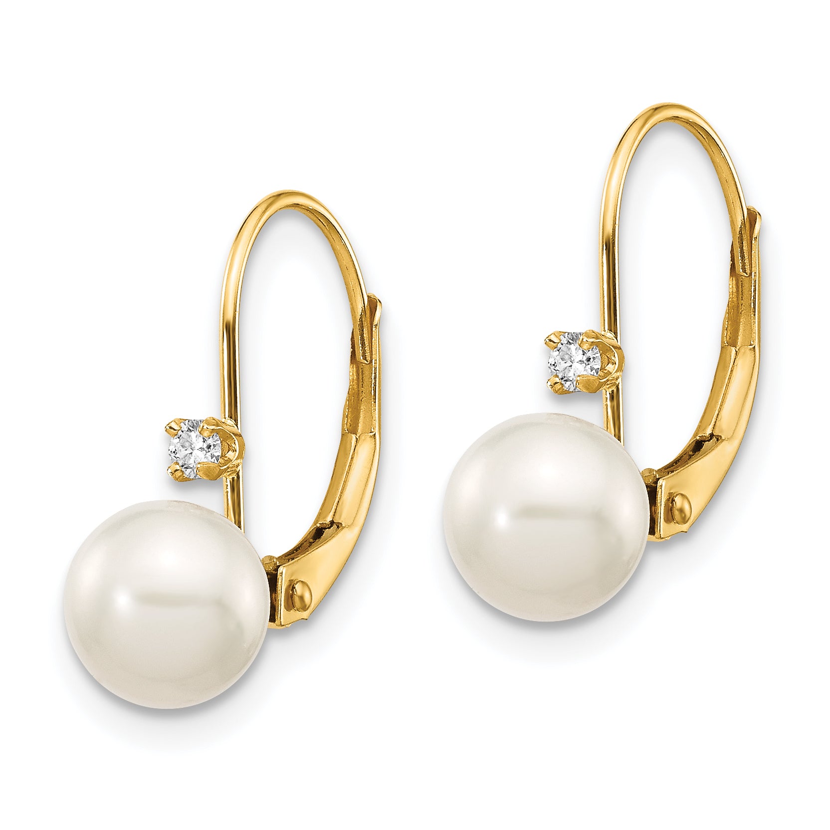 14K 6-7mm Round White FWC Pearl .06ct. Diamond Leverback Earrings