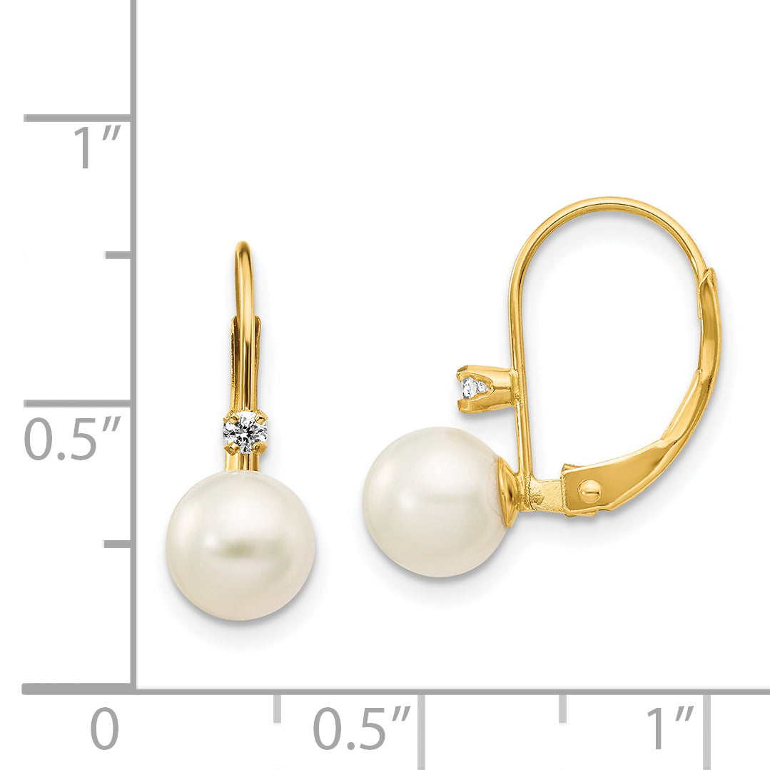 14K 6-7mm Round White FWC Pearl .06ct. Diamond Leverback Earrings