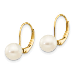 14K 7-8mm White Round Freshwater Cultured Pearl Leverback Earrings