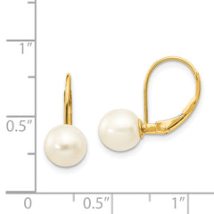 14K 7-8mm White Round Freshwater Cultured Pearl Leverback Earrings