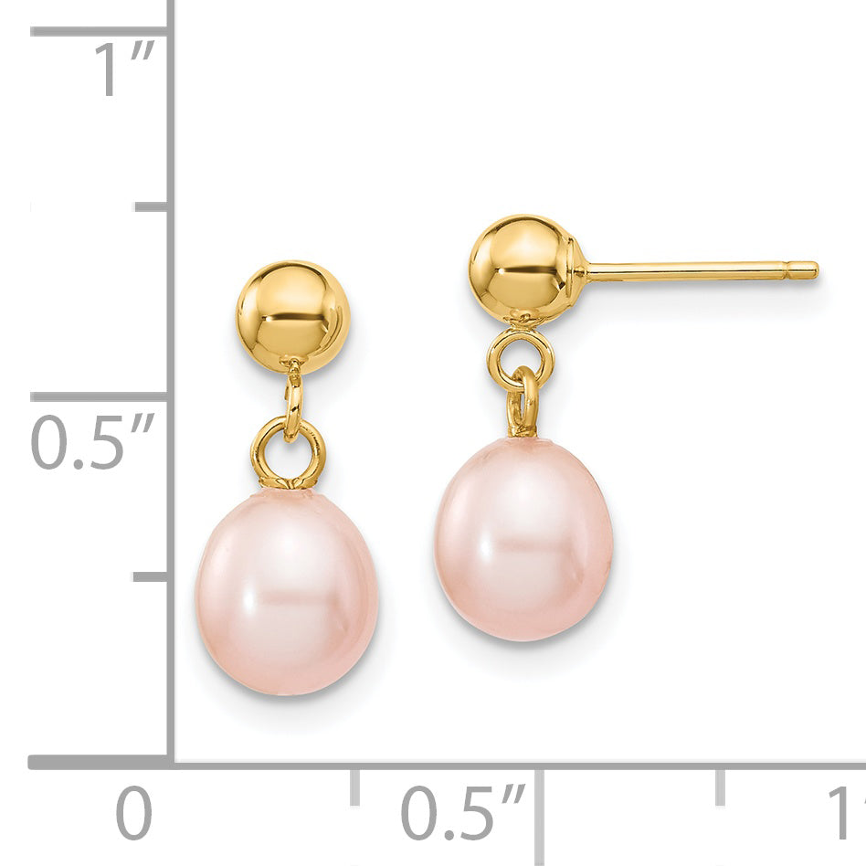 14k 6-7mm Pink Rice Freshwater Cultured Pearl Dangle Post Earrings