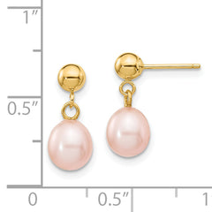 14k 6-7mm Pink Rice Freshwater Cultured Pearl Dangle Post Earrings