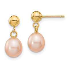 14k 6-7mm Pink Rice Freshwater Cultured Pearl Dangle Post Earrings