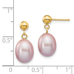 14k 8-9mm Purple Rice Freshwater Cultured Pearl Dangle Post Earrings