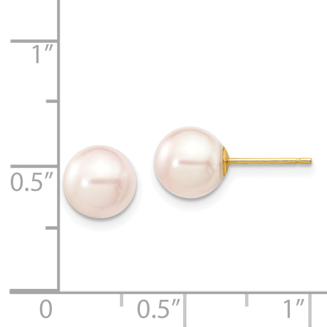 14k 7-8mm Round White Saltwater Akoya Cultured Pearl Stud Post Earrings