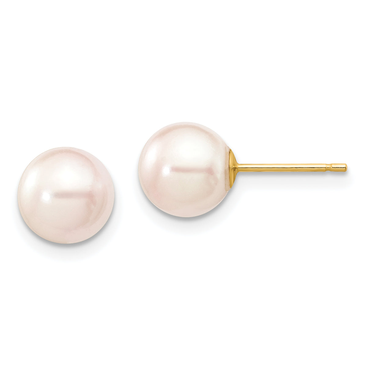 14k 7-8mm Round White Saltwater Akoya Cultured Pearl Stud Post Earrings