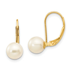 14K 6-7mm White Round Freshwater Cultured Pearl Leverback Earrings