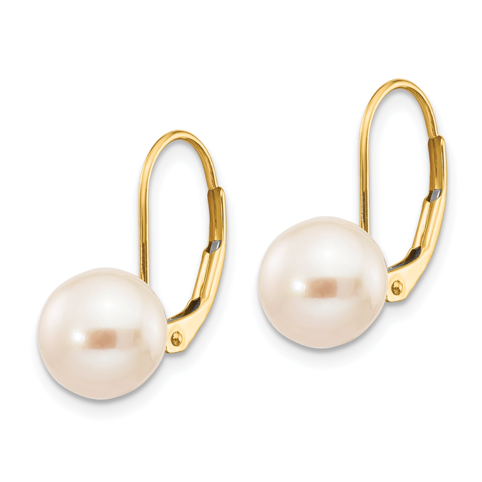 14K 8-9mm White Round Freshwater Cultured Pearl Leverback Earrings