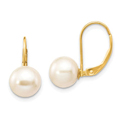 14K 8-9mm White Round Freshwater Cultured Pearl Leverback Earrings