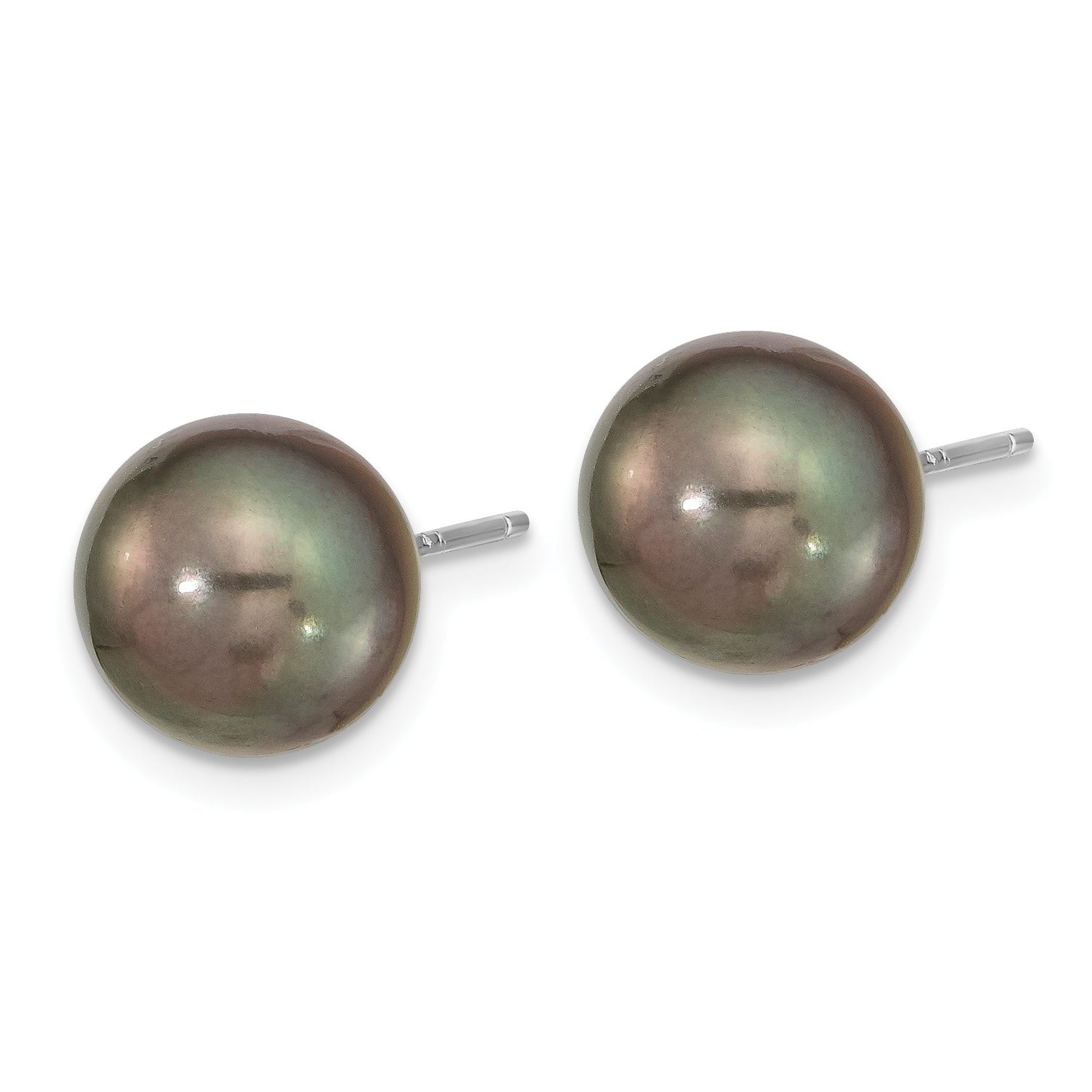 14k WG 9-10mm Black Round Saltwater Cultured Tahitian Pearl Post Earrings