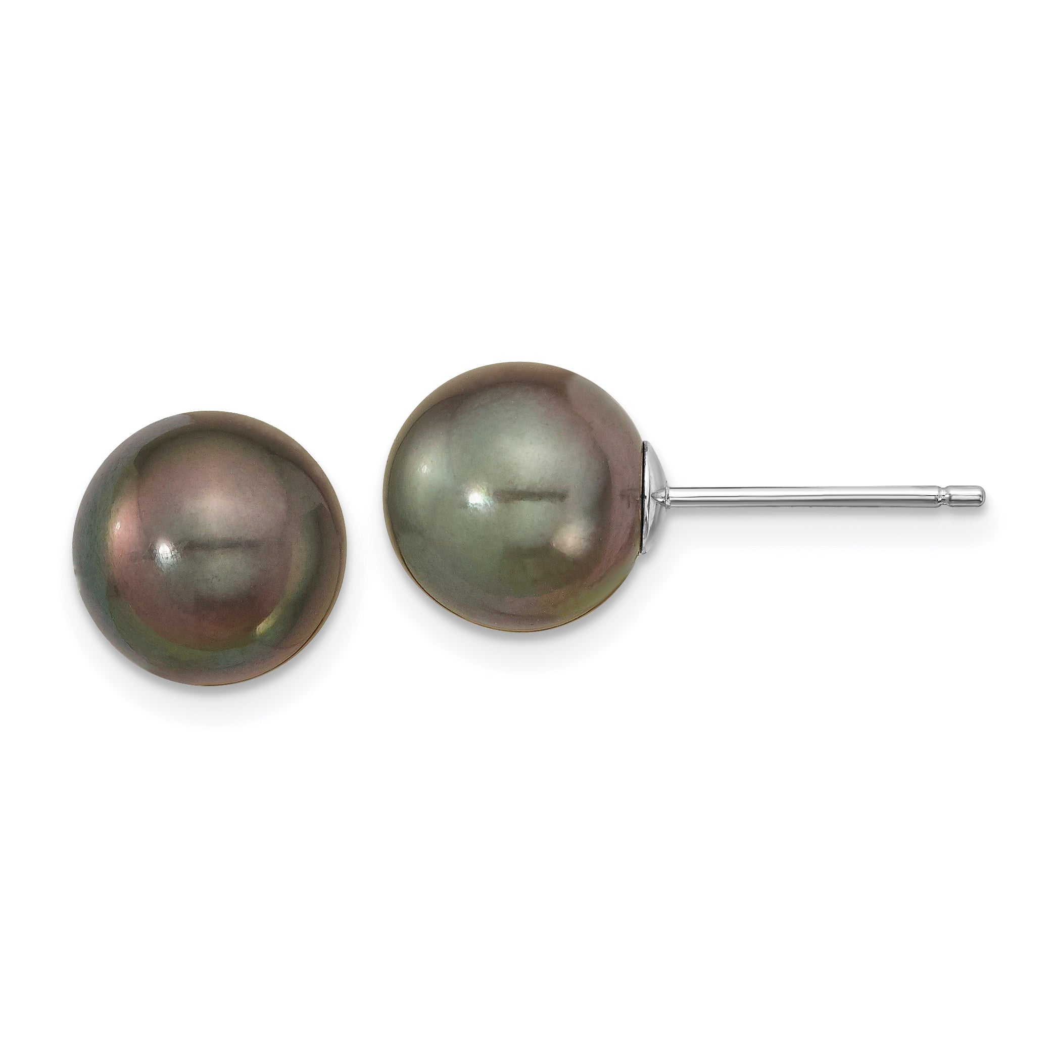 14k WG 9-10mm Black Round Saltwater Cultured Tahitian Pearl Post Earrings