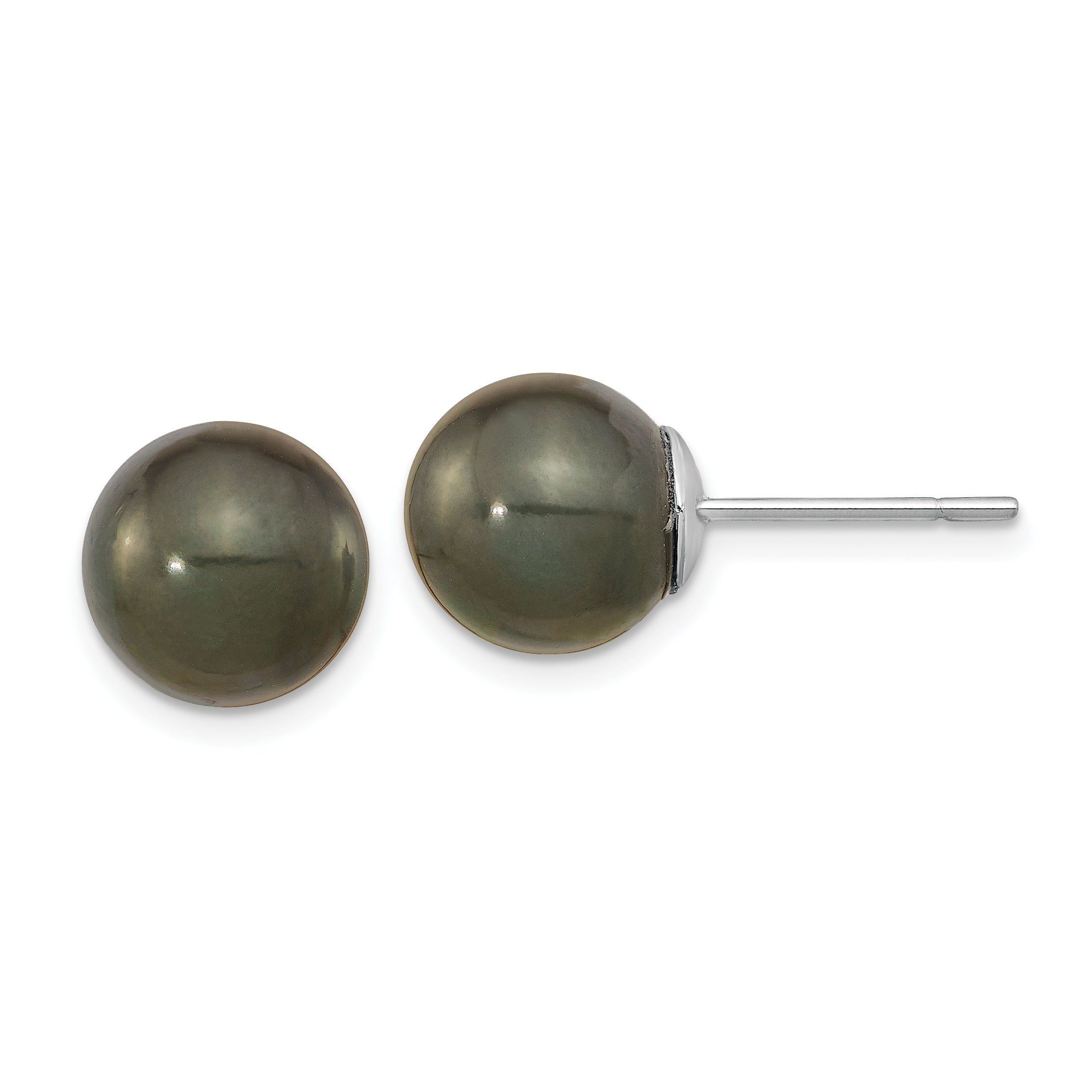 14k WG 10-11mm Black Round Saltwater Cultured Tahitian Pearl Post Earrings