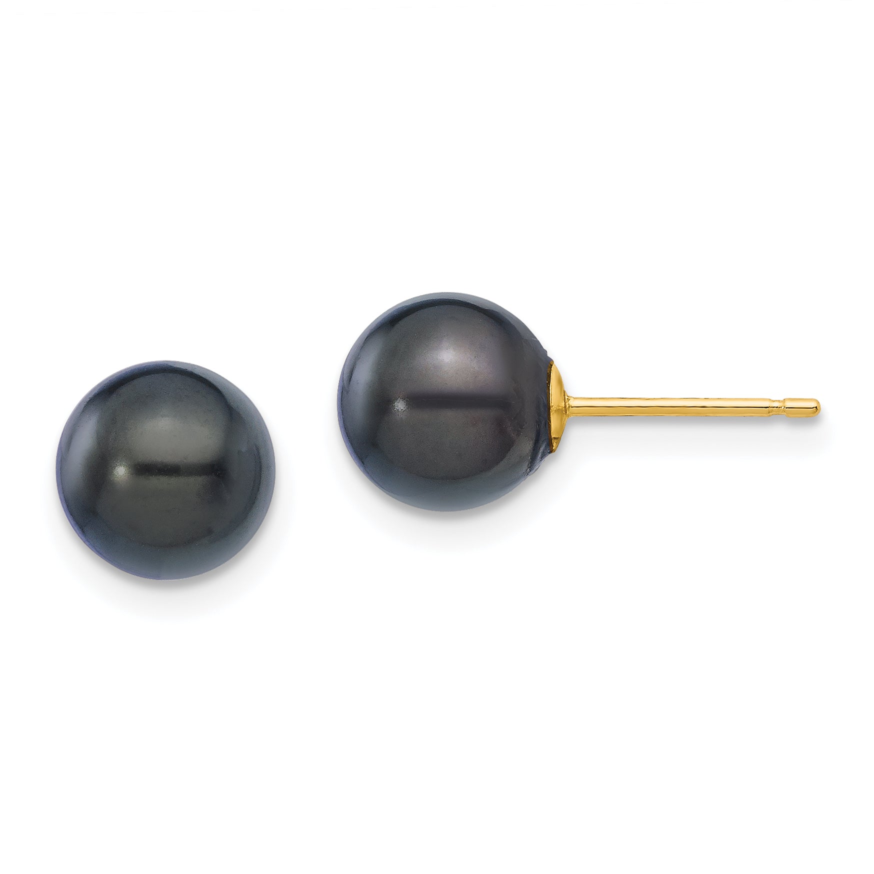 14k 7-8mm Round Black Saltwater Akoya Cultured Pearl Stud Post Earrings